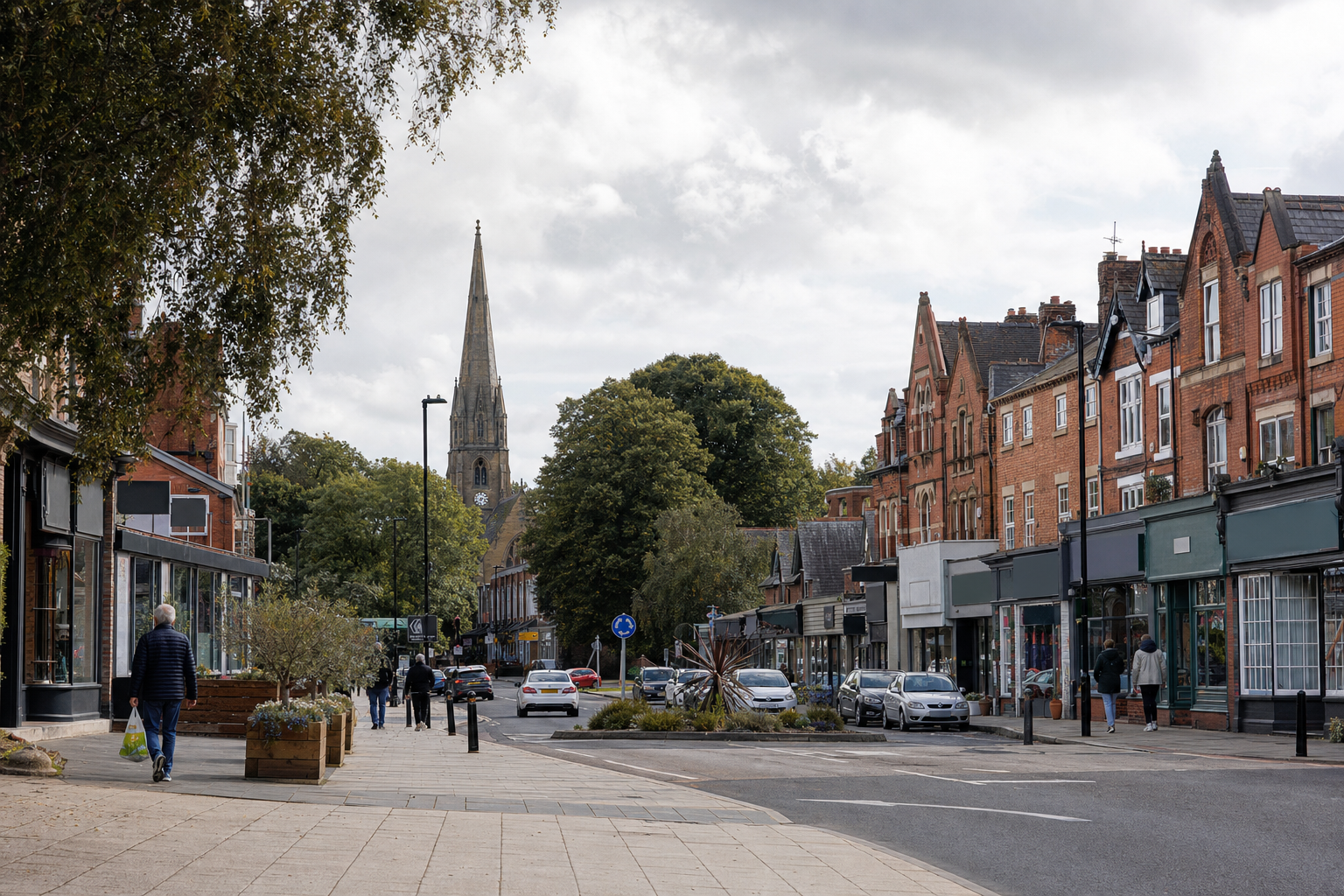 A bustling street with shops, pedestrians, and a distant church spire under a partly cloudy sky.