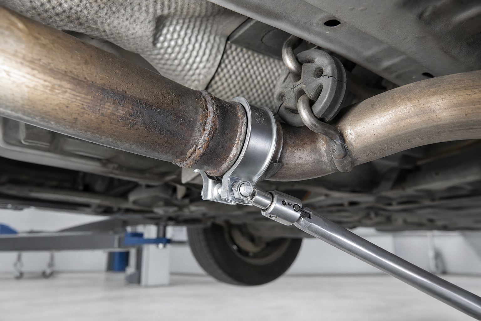 A metal clamp and a wrench attached to a car exhaust pipe under a raised vehicle.