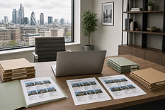 Modern office with a laptop, property valuation papers, and file folders against a city skyline backdrop.