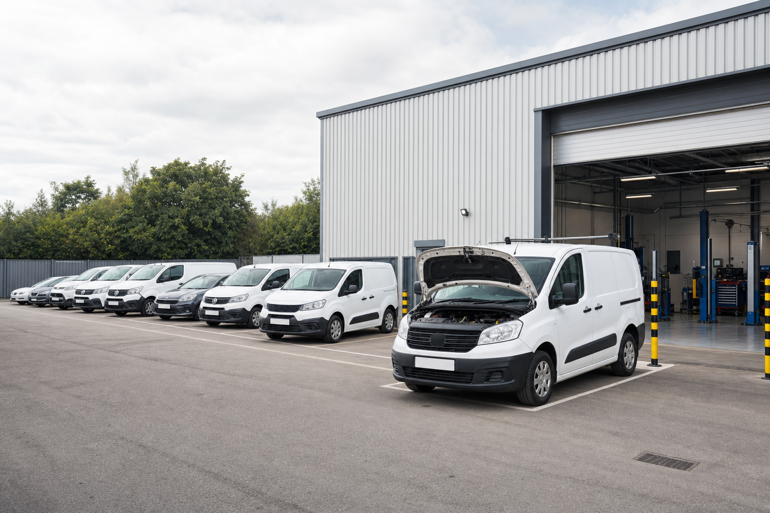 A row of white vans parked outside a garage, with one van's bonnet open for maintenance.