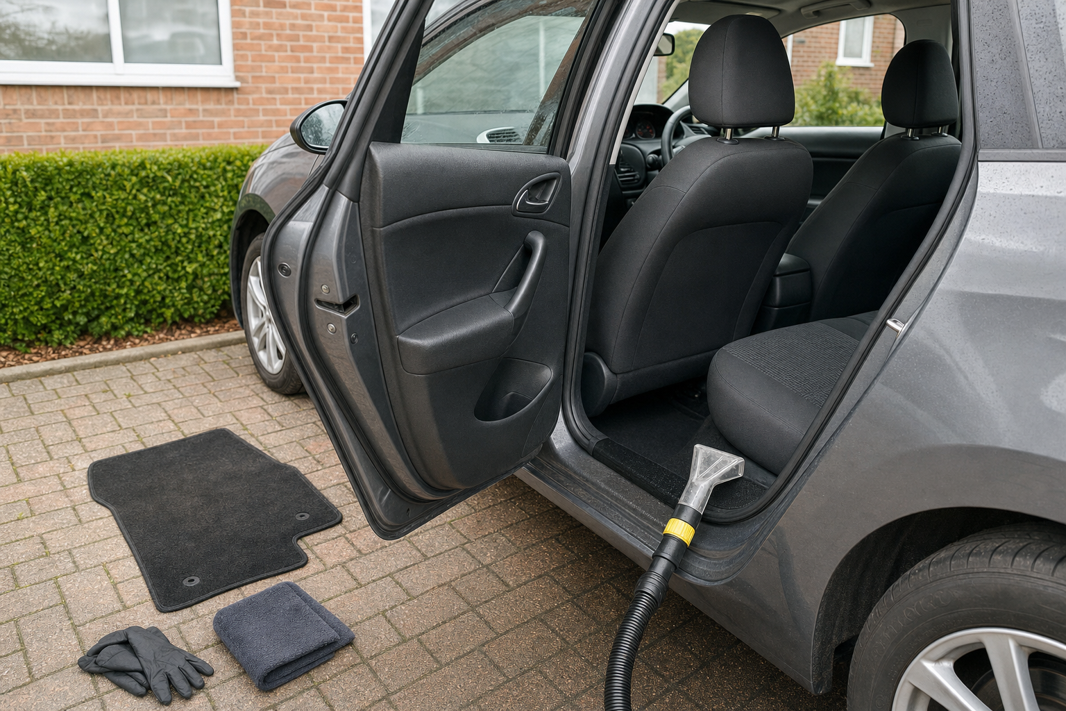 A car being vacuumed with cleaning tools and a removed floor mat on the ground.