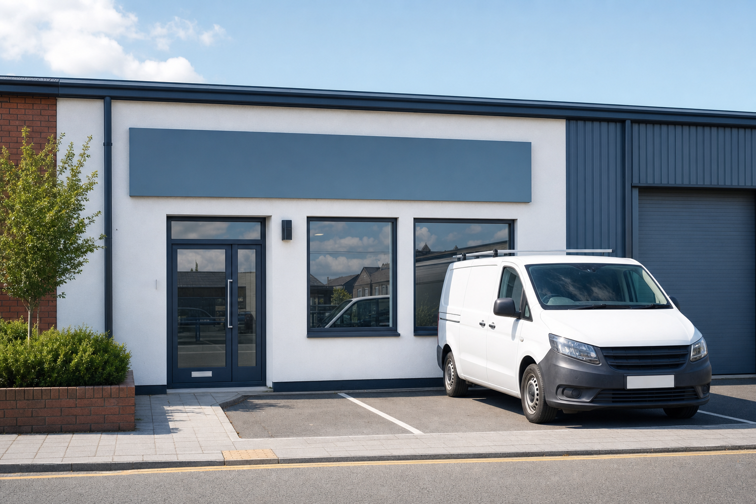 A white delivery van parked in front of a modern industrial building with large windows and a blue-grey façade.