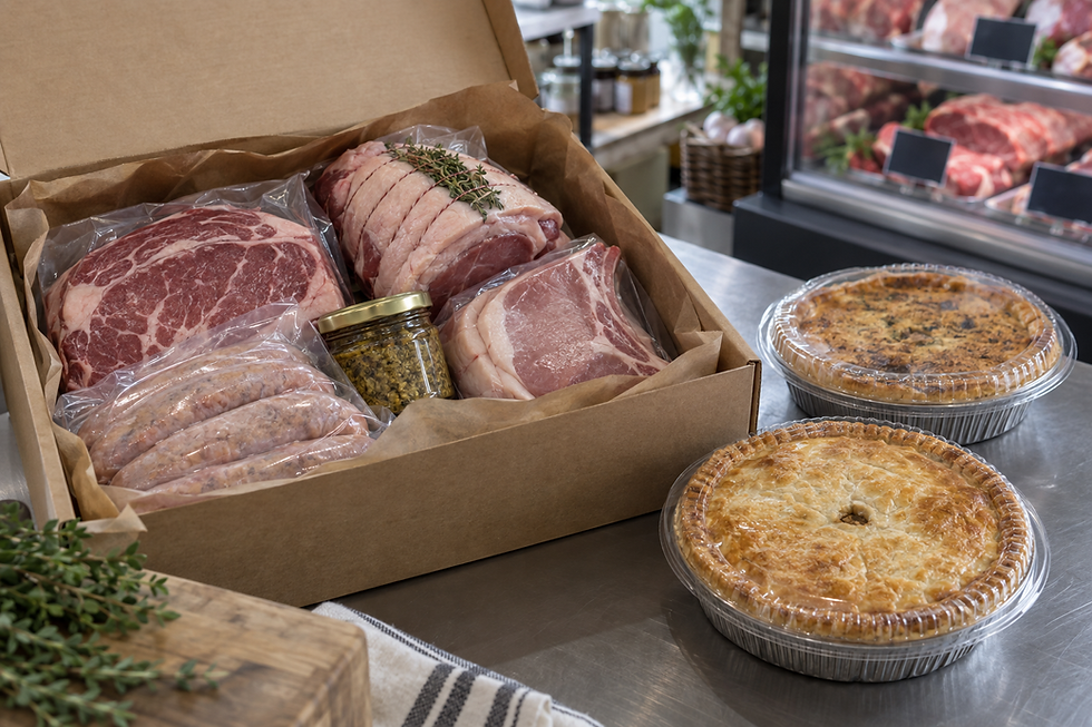A selection of assorted meats in a cardboard box with two packaged pies on a metal counter in a butcher's shop.