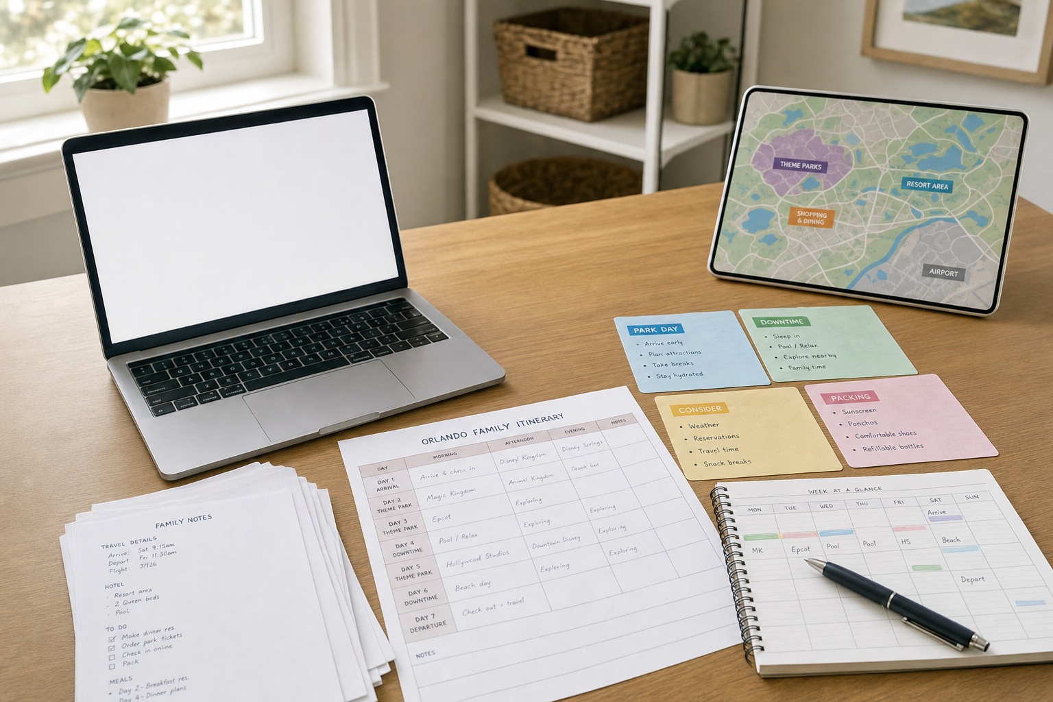 A desk with a laptop, a tablet displaying a map, and various travel planning documents and notes.