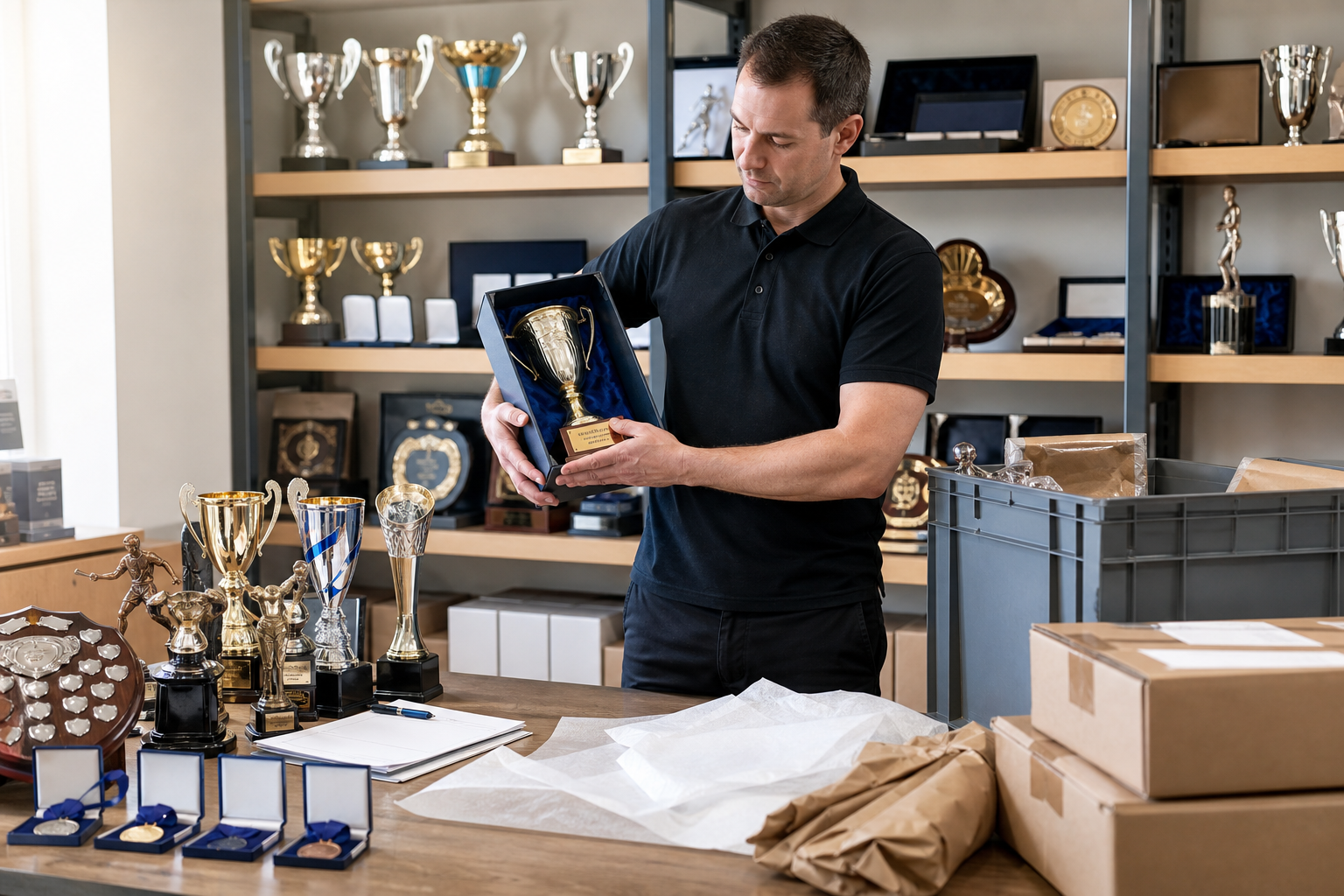 Man in a workshop examines a trophy among various awards and packaging materials.