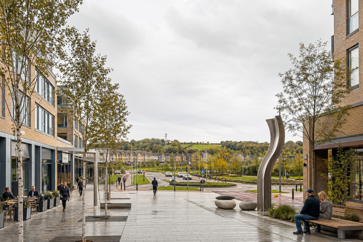 Pedestrian walkway lined with trees, modern buildings, and a unique metal sculpture with distant views of a hilly landscape.