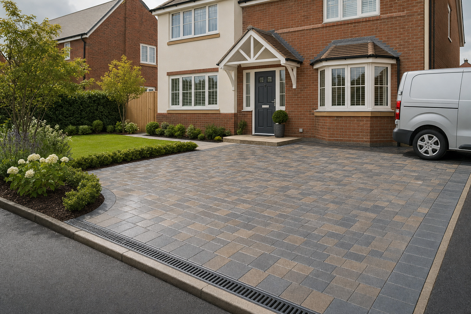 Modern suburban house with a grey block-paved driveway, landscaped garden, and white van parked to the side.