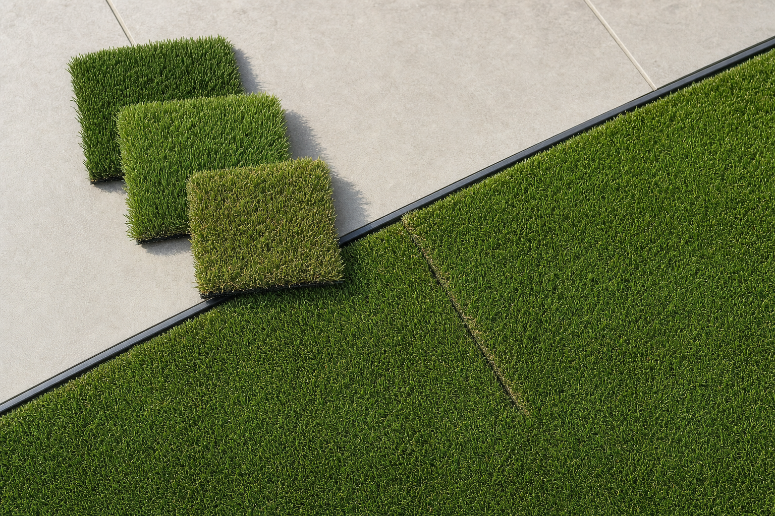 Samples of artificial grass laid on a grey tiled surface next to a larger section.
