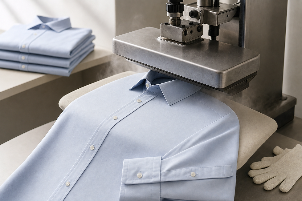 A light blue shirt being steamed and pressed by an industrial ironing machine.