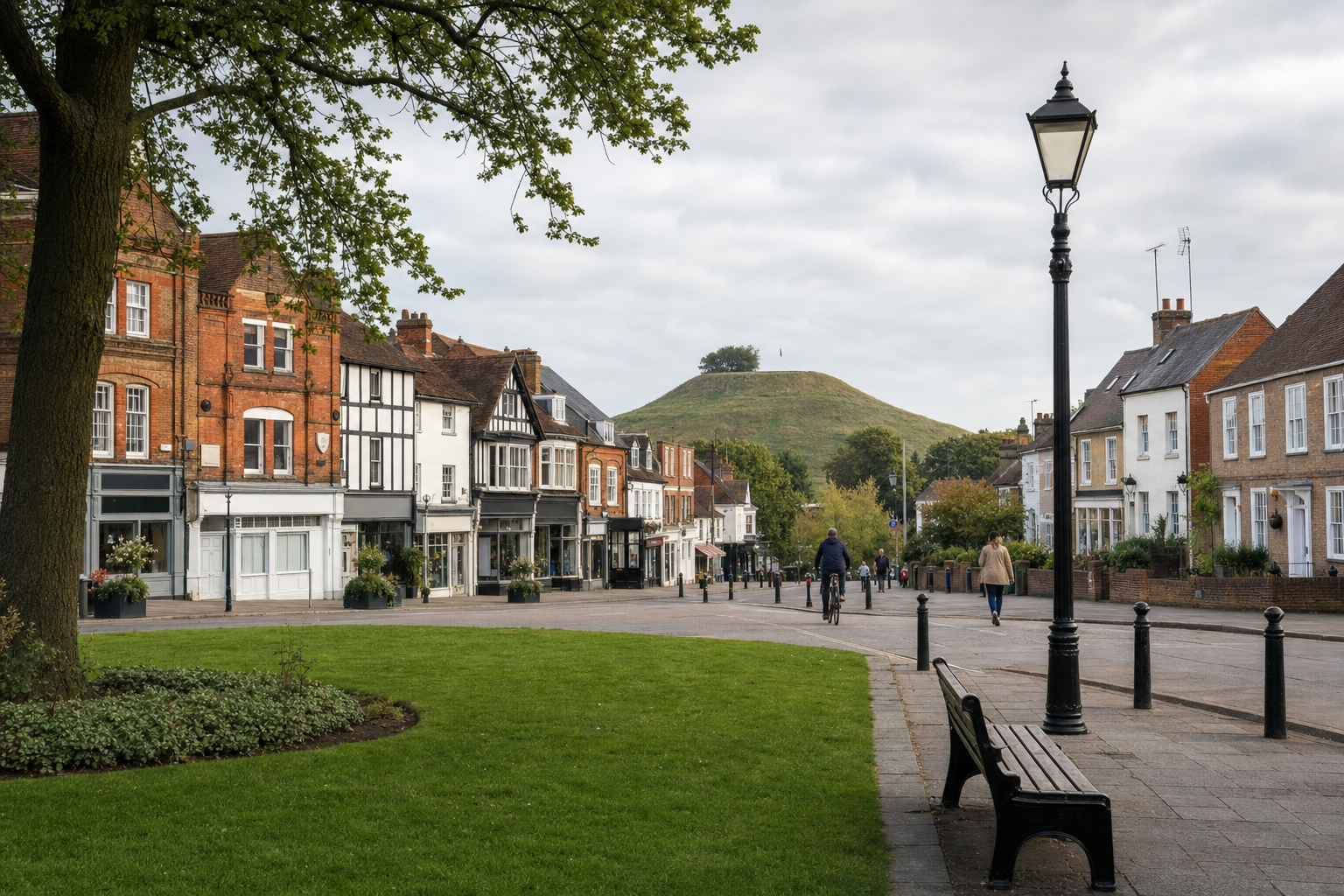 A quaint British street with historic buildings and a grassy hill in the background under a cloudy sky.