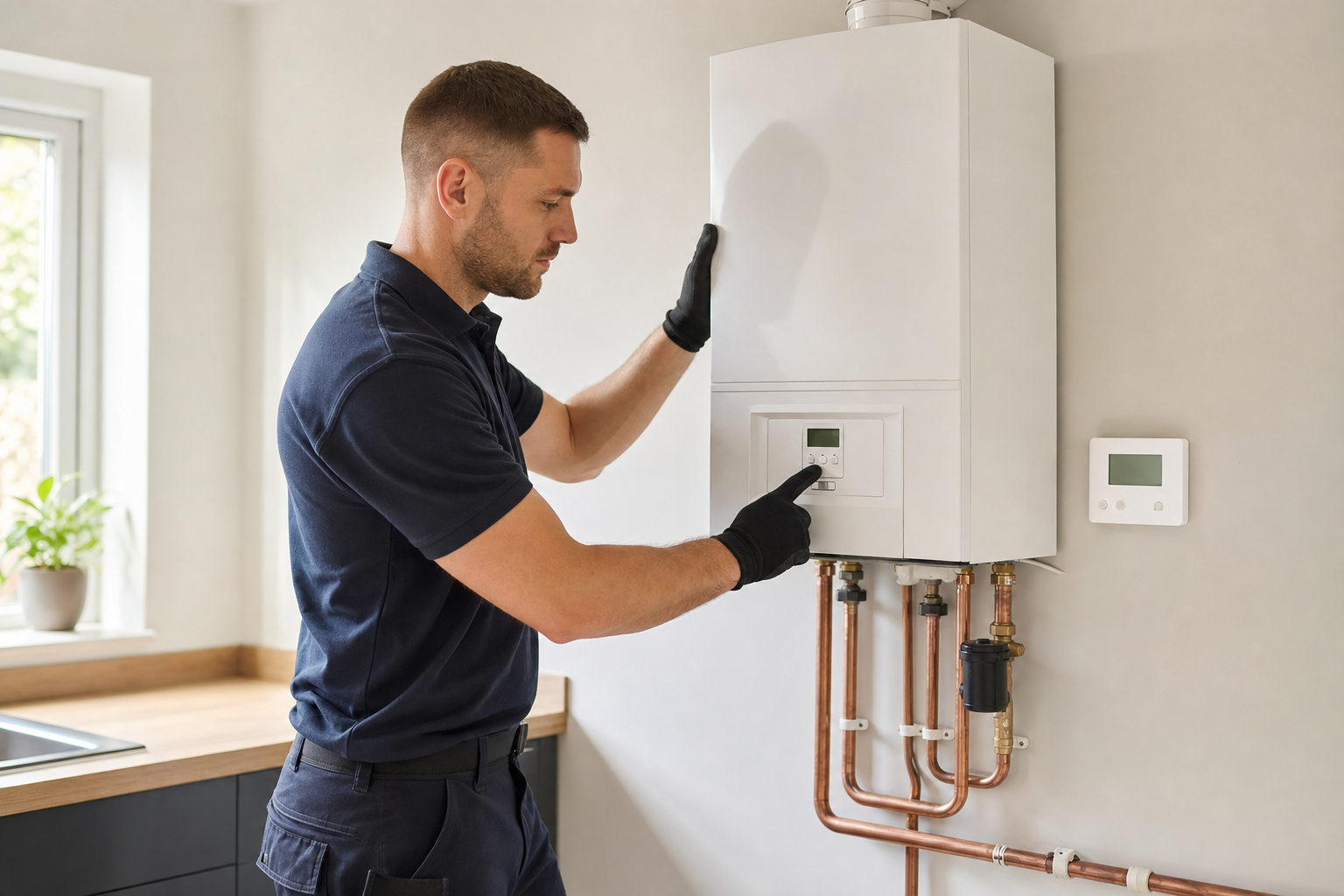 Technician adjusting a home gas boiler in a modern kitchen setting.