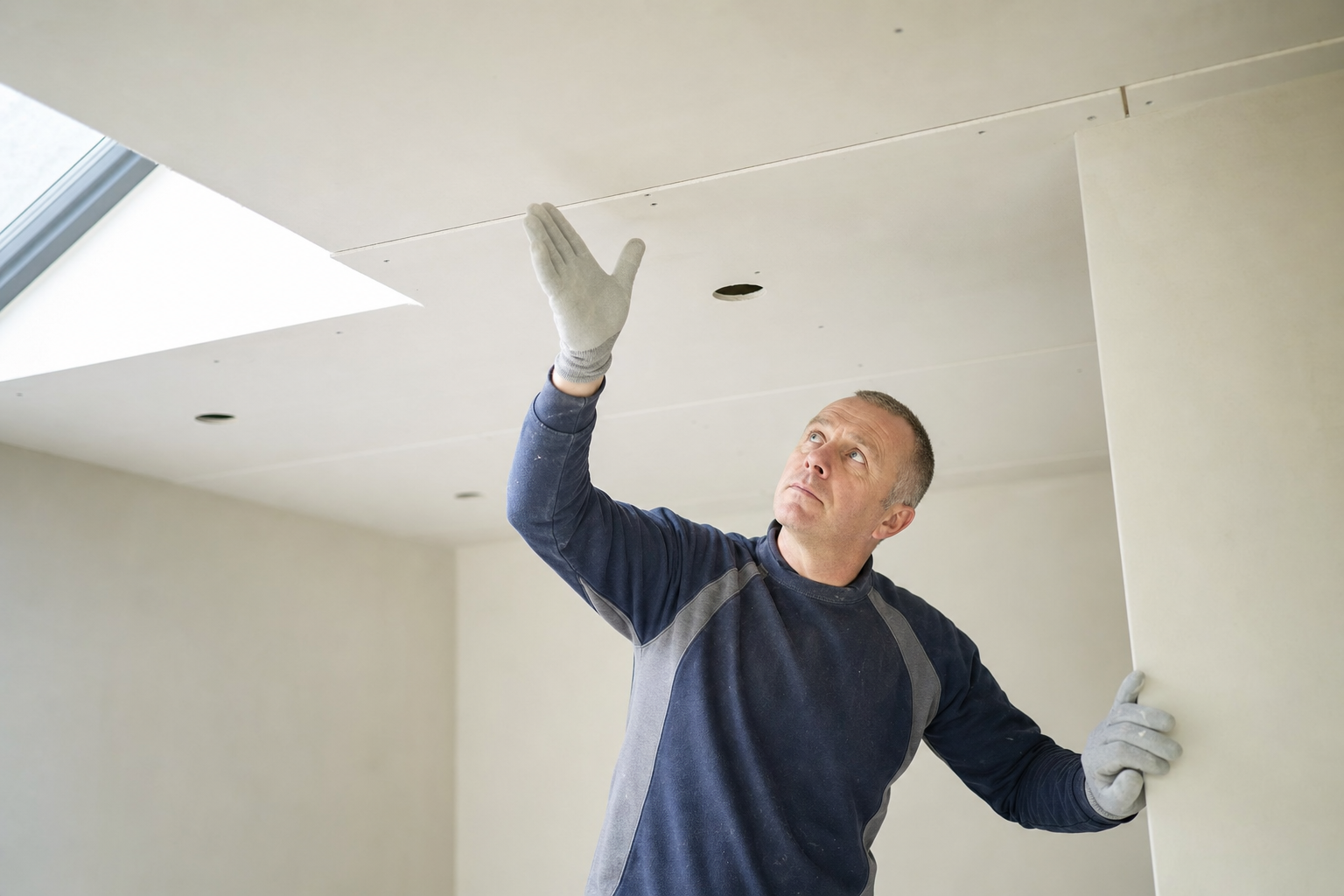 Man in work clothes and gloves inspecting a ceiling with a thoughtful expression.