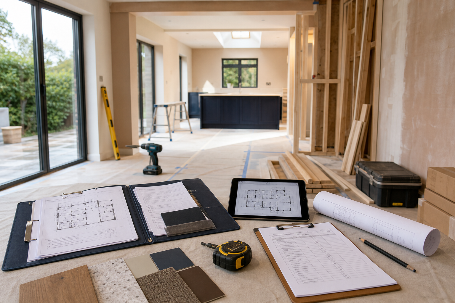 Home renovation project with blueprints, plans, and construction materials in a bright room.