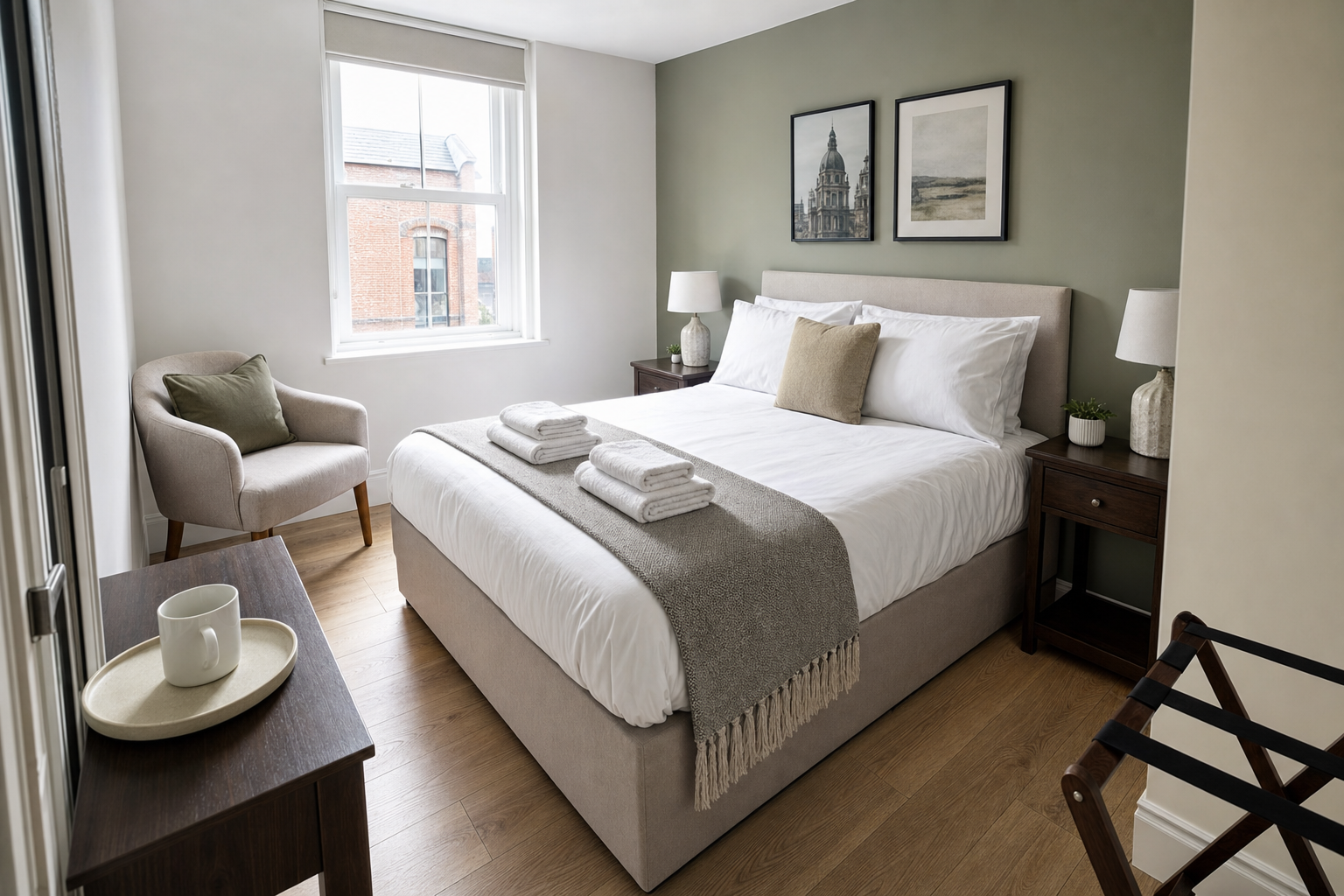 A cosy bedroom with a neatly made bed, wooden furniture, and a window offering a view of a red brick building.