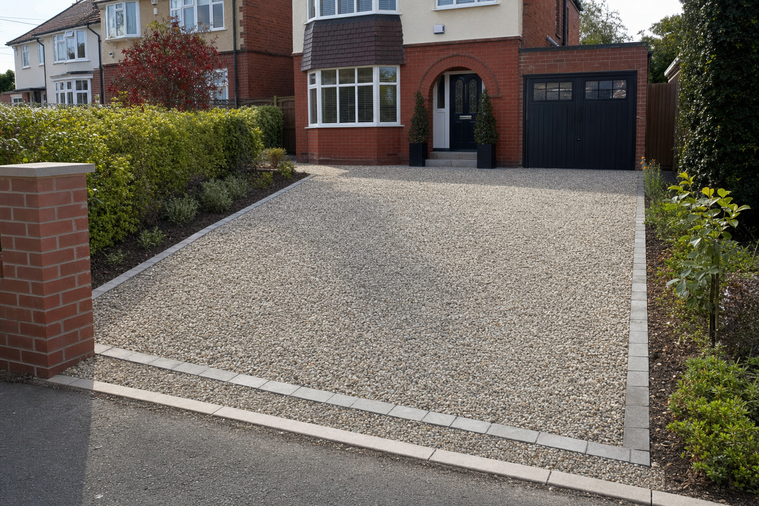 A gravel driveway leads to a brick house with a garage, bordered by green hedges and small plants.