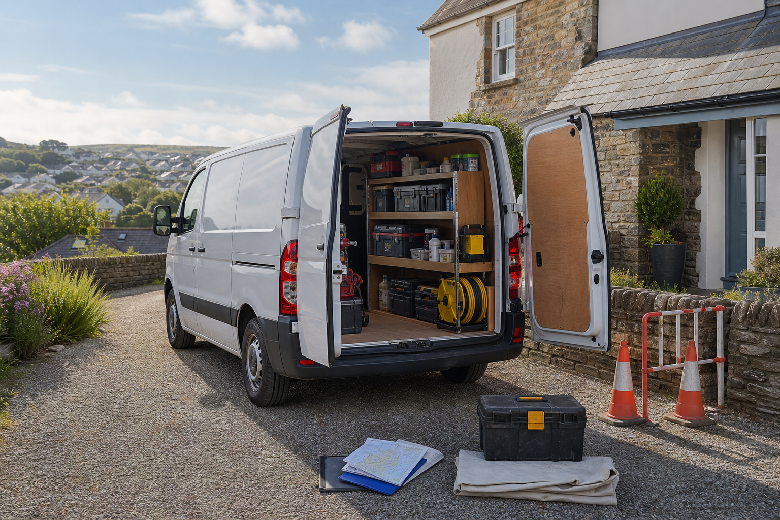White van with open doors revealing tools and equipment parked near a house.