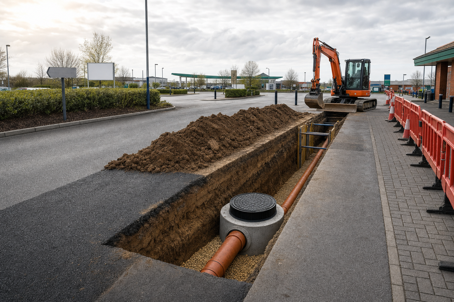 An excavator works on a trench with exposed pipes and barriers at a road construction site.