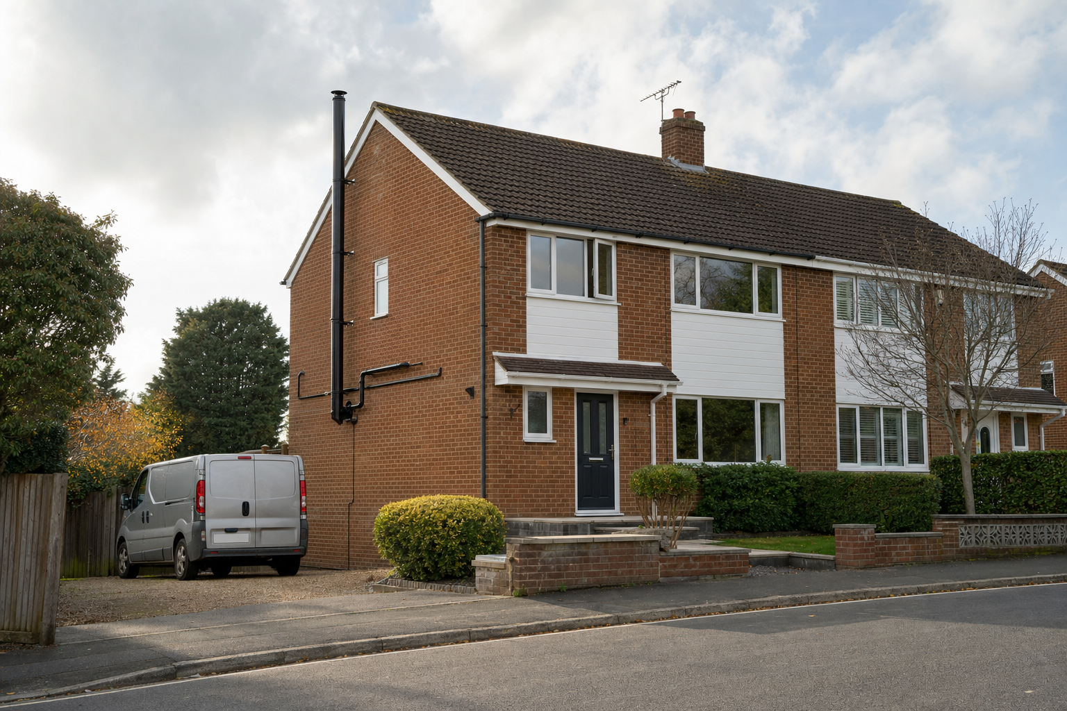 Red brick semi-detached house with a grey van parked in the driveway on a cloudy day.