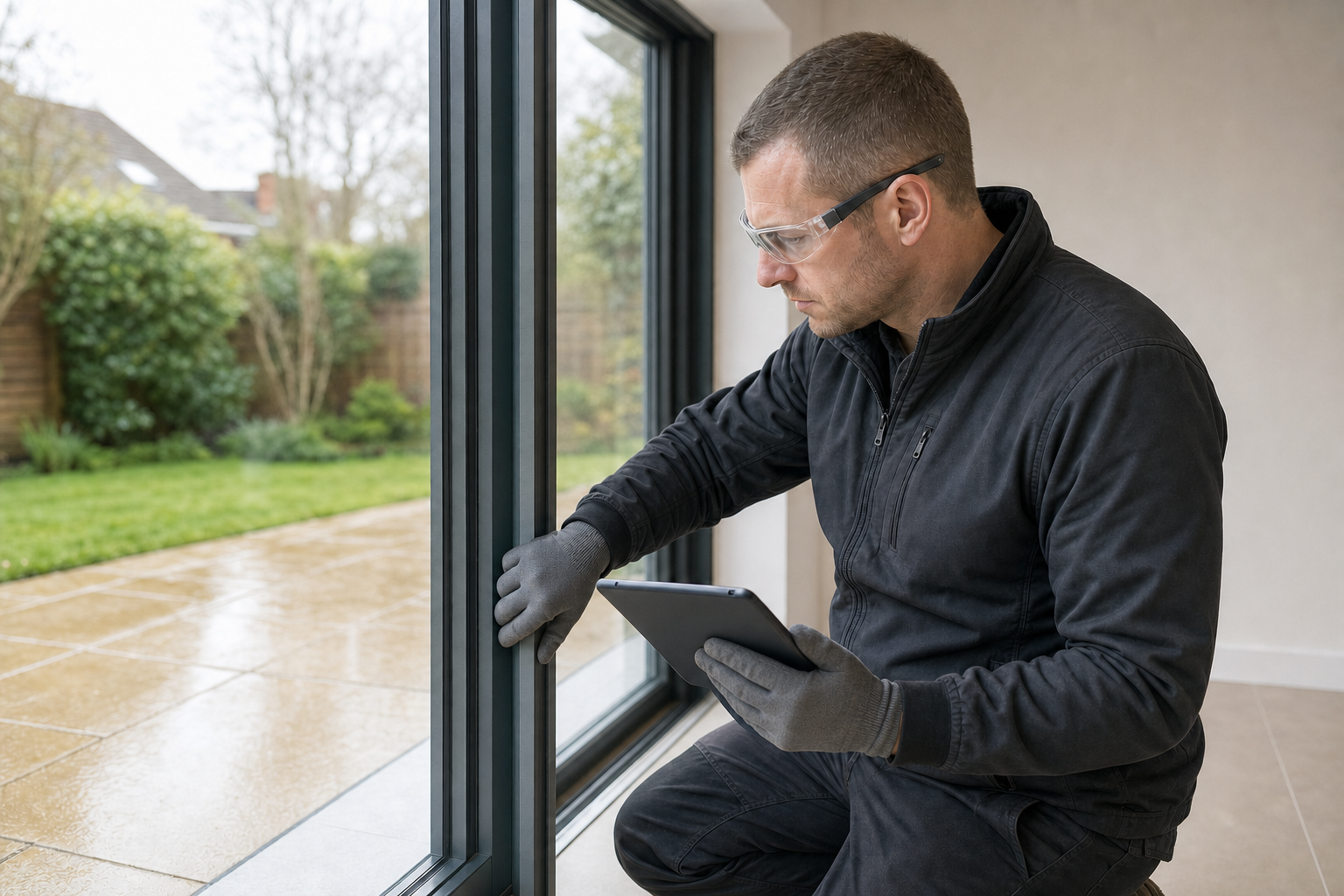 A man wearing safety glasses and gloves inspects a large window with a tablet in hand, overlooking a garden.