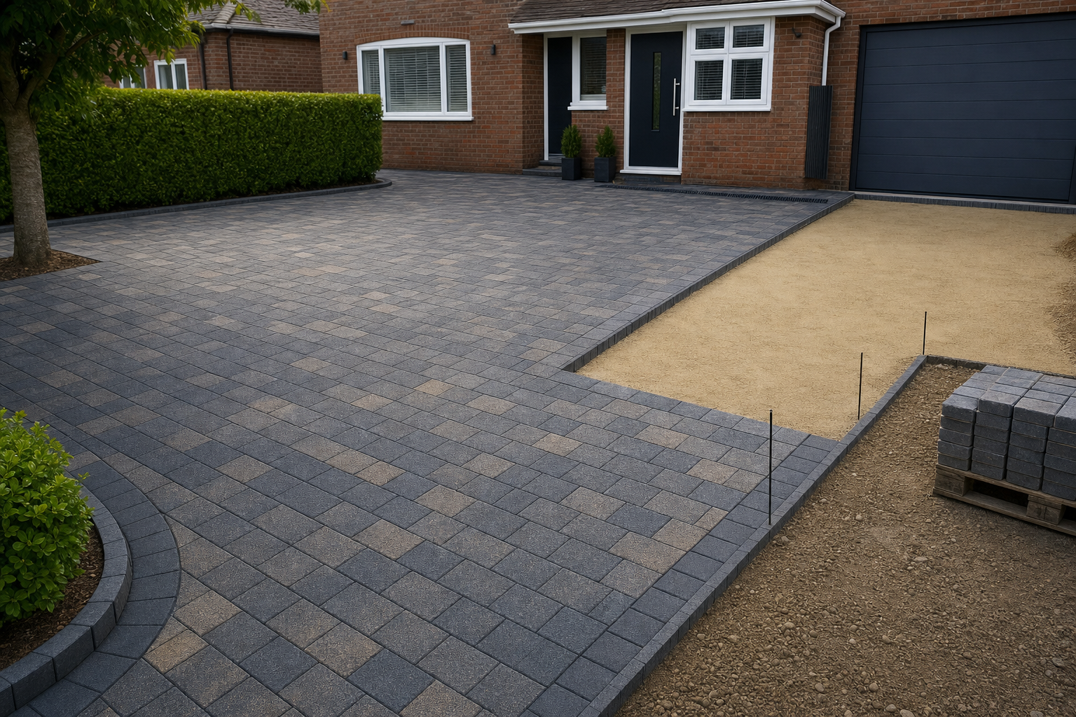 Neatly paved driveway with dark grey bricks outside a red brick house, bordered by green hedges and a sandy section under construction.