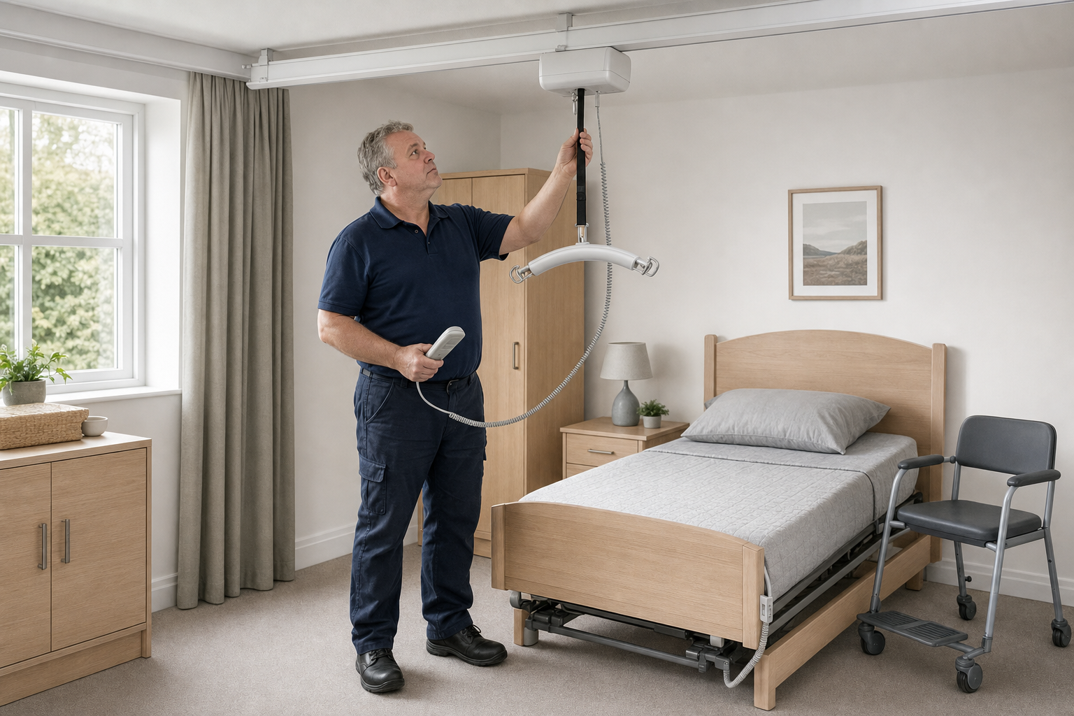 A man operates a ceiling-mounted hoist above a bed in a well-lit bedroom with a mobility chair nearby.