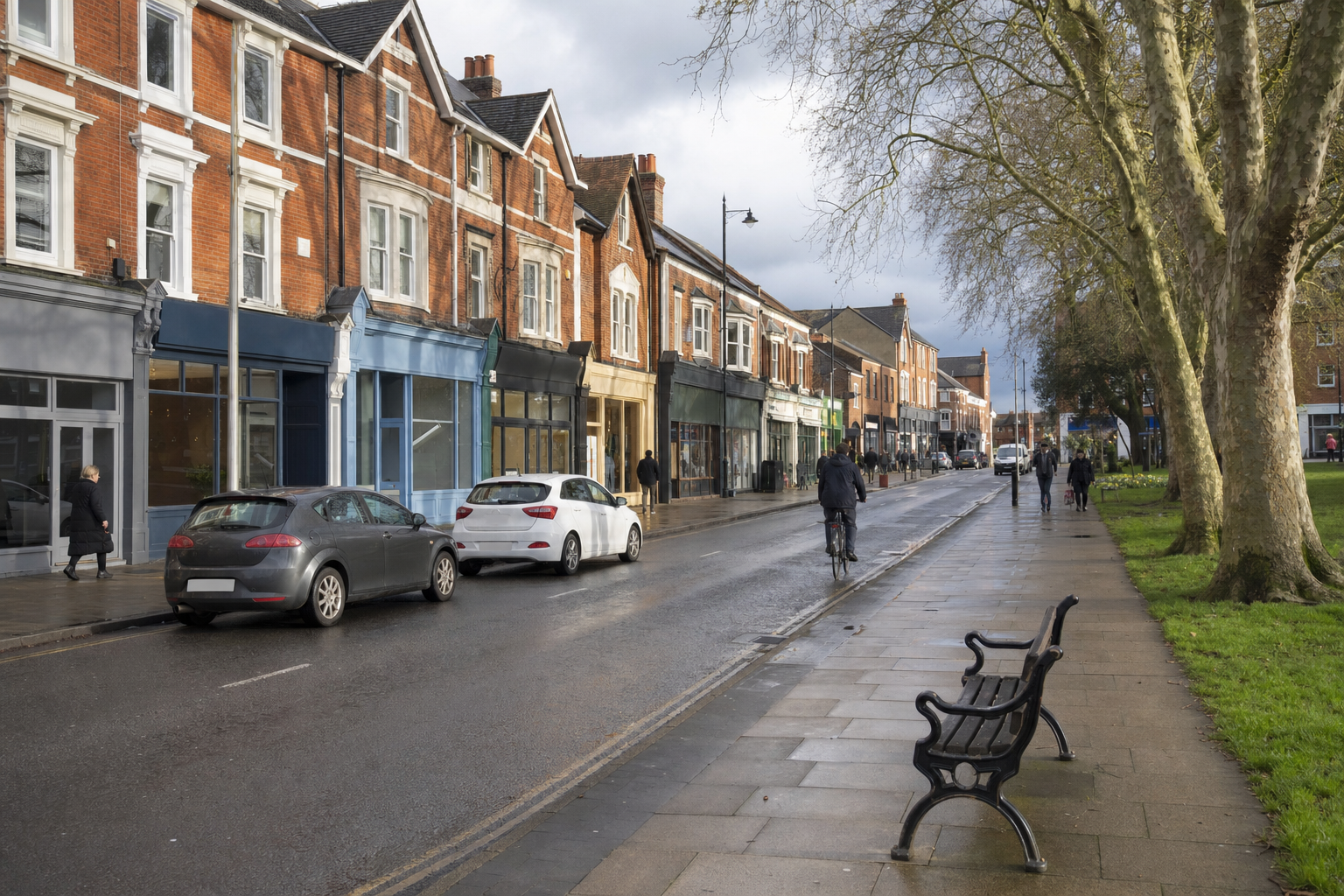 Street with parked cars and cyclists, flanked by Victorian buildings and a tree-lined pedestrian walkway.