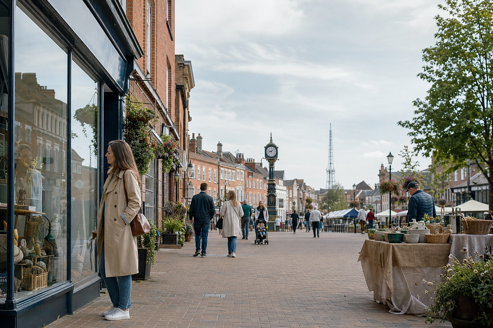 A woman in a trench coat window shops on a lively market street with stalls and people walking under a cloudy sky.