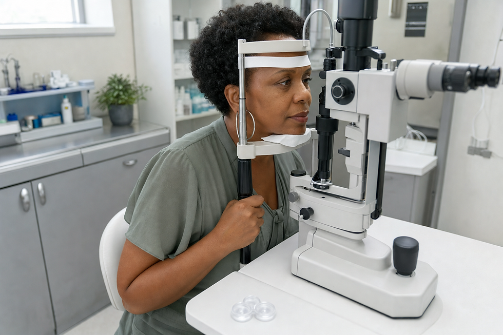 A woman undergoing an eye examination with a slit lamp in an optometrist's office.
