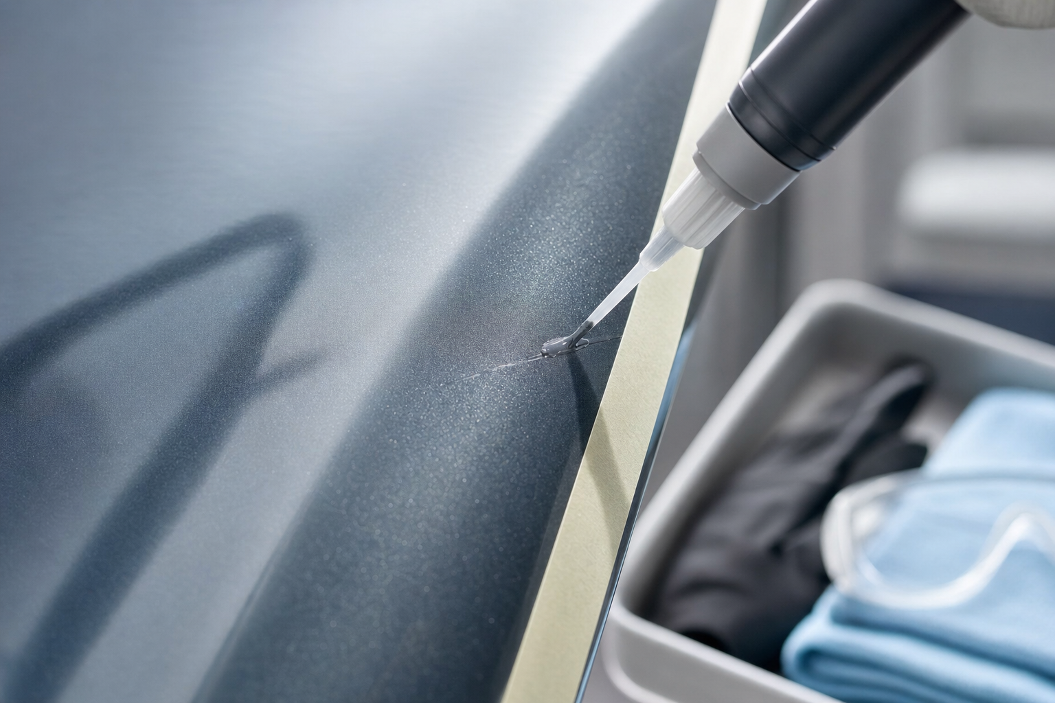 A close-up of a hand applying putty to a scratch on a car door using a tube applicator.