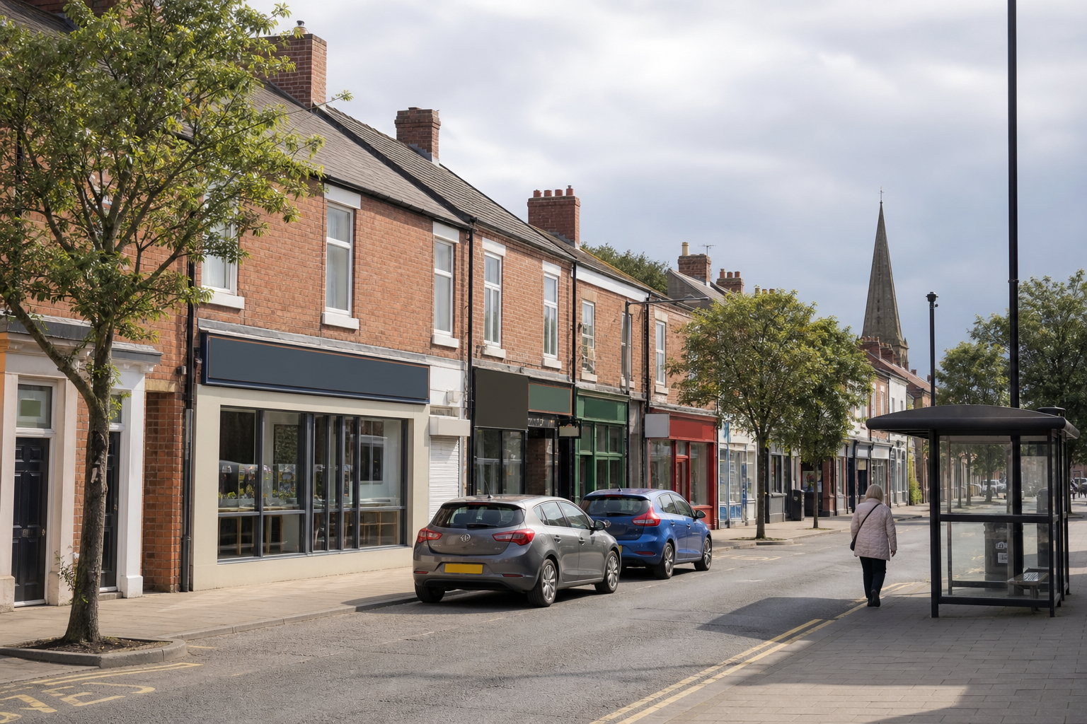 Street with parked cars, a row of shops, and a person walking by a bus shelter.