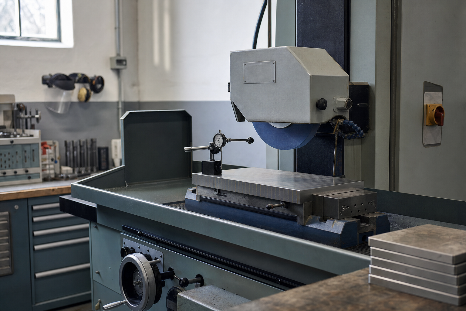 Industrial grinding machine in a workshop with tools and equipment in the background.