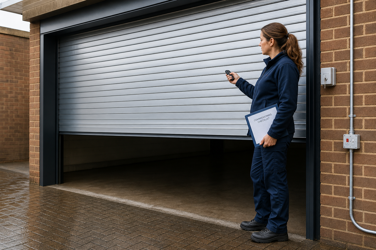 A person operates a garage door with a remote control, holding a commissioning checklist.