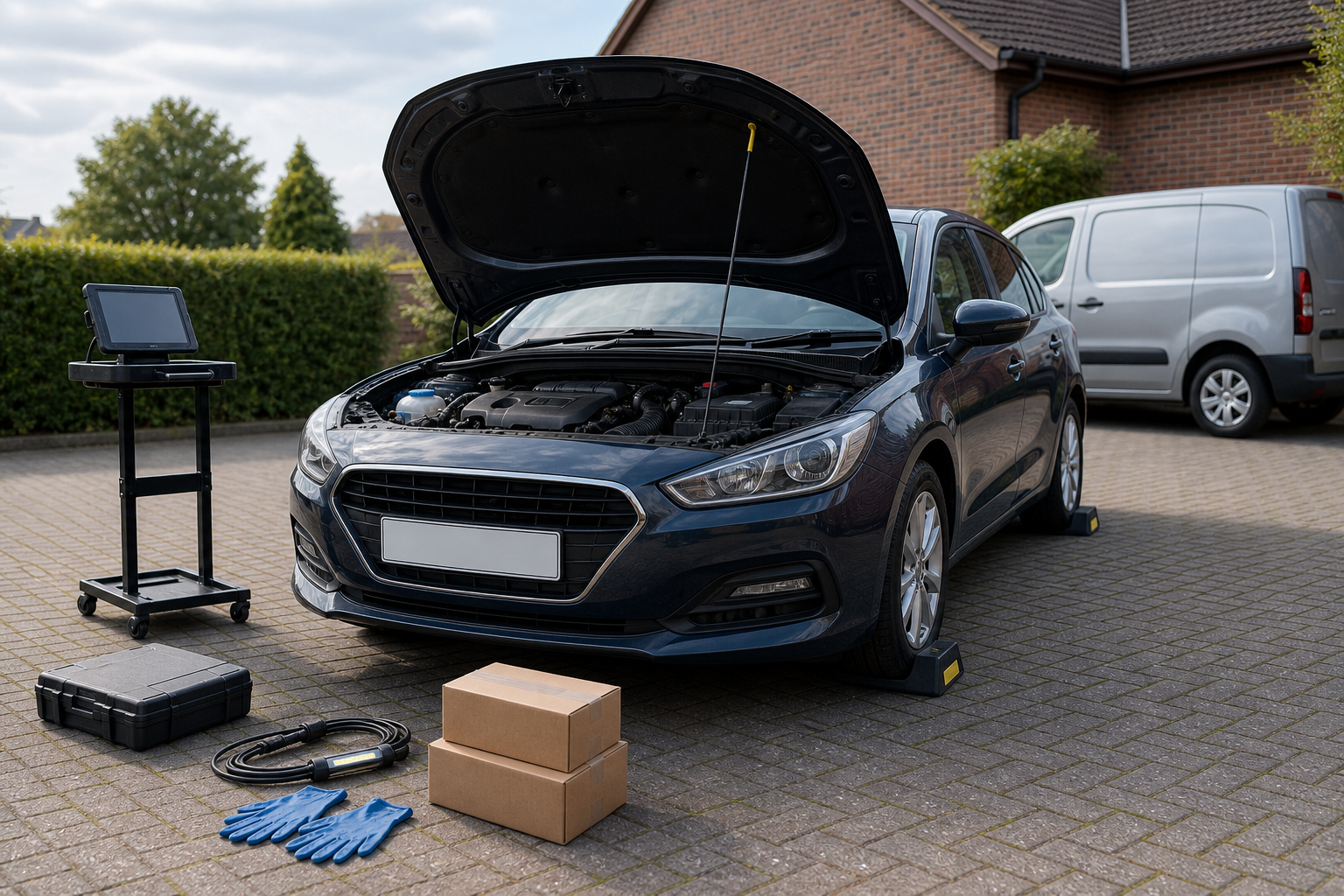 Car parked with the hood open, surrounded by tools and equipment on a driveway.