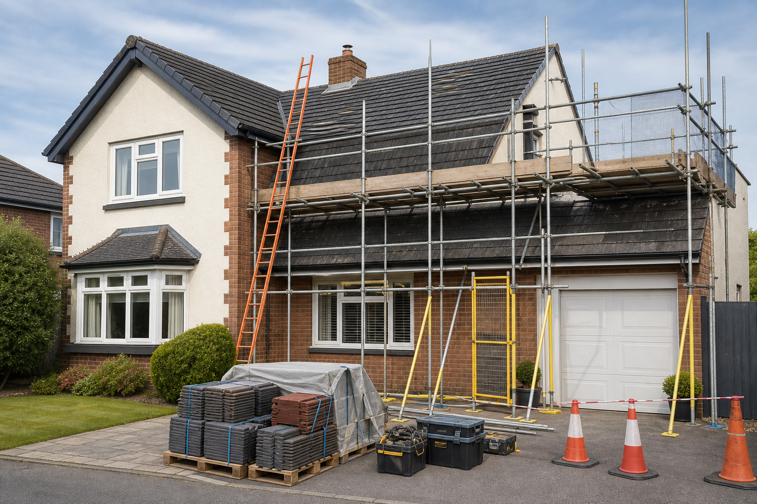 House with scaffolding for roof repairs and construction materials on the driveway.