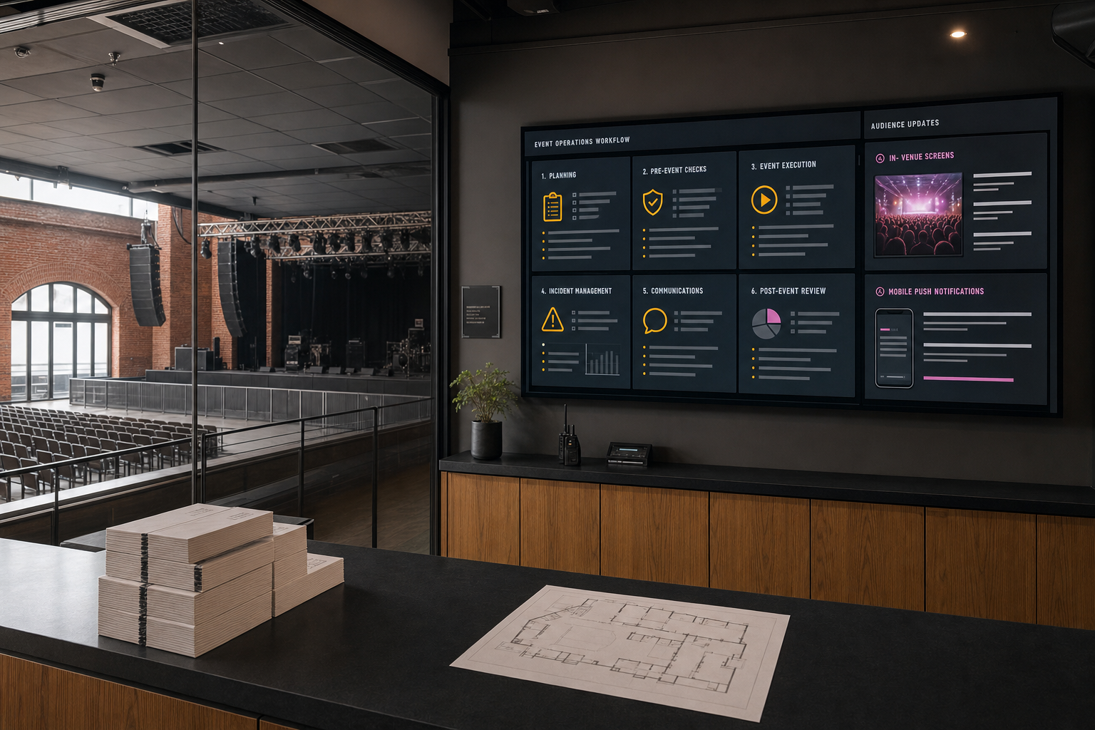 Venue with stage and seating area, viewed from an operations room displaying event workflow on a large screen.