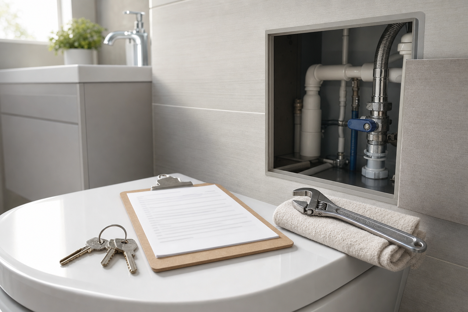 Open wall panel revealing plumbing pipes next to keys, a clipboard, and a wrench on a folded towel in a bathroom.