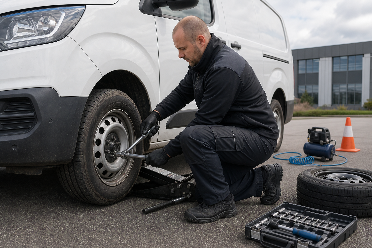 Mechanic changing a van tire using a wrench, with tools and equipment nearby.