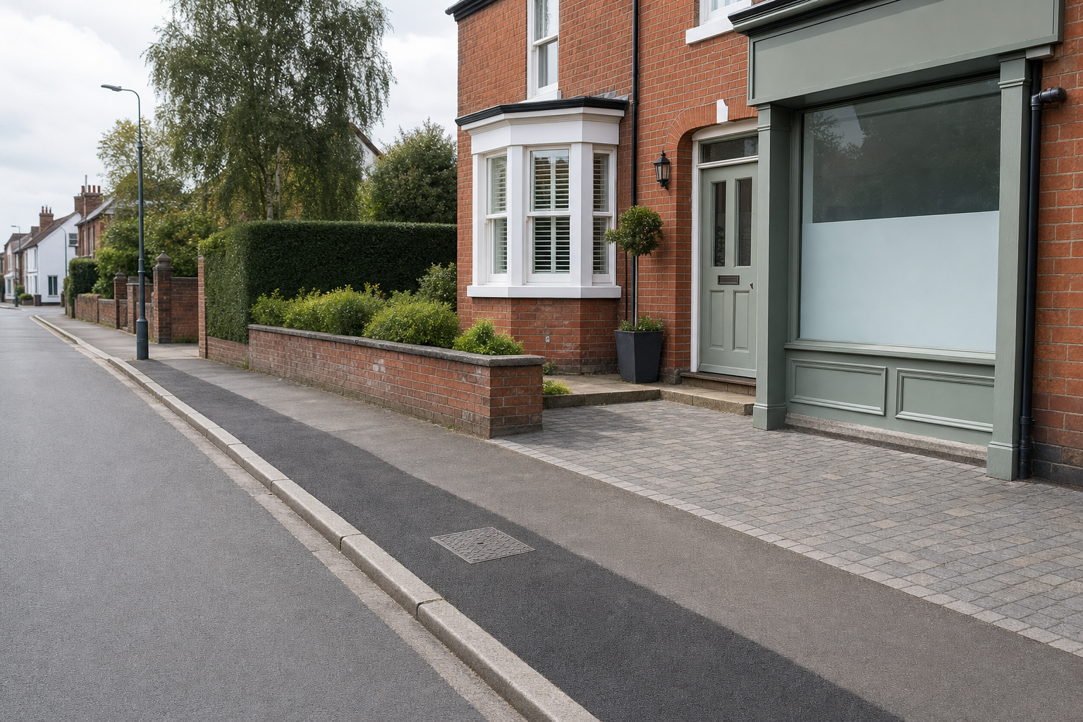 A quiet residential street with a red brick house featuring a bay window and green door.