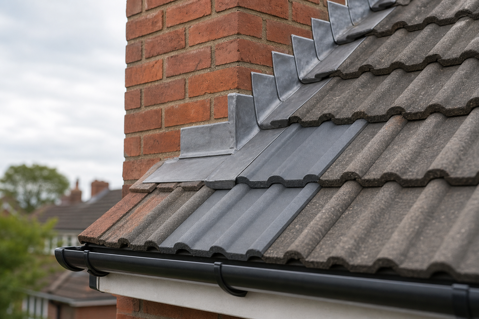 Grey roof tiles and brick chimney with lead flashing and a black gutter in a suburban setting.