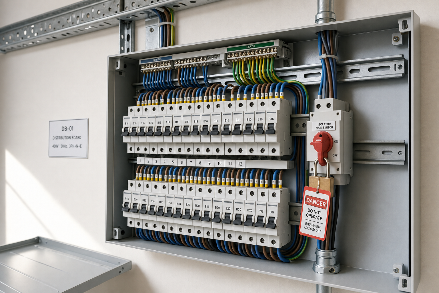 Electrical distribution board with circuit breakers and an isolator switch, featuring a "Danger" lockout tag.