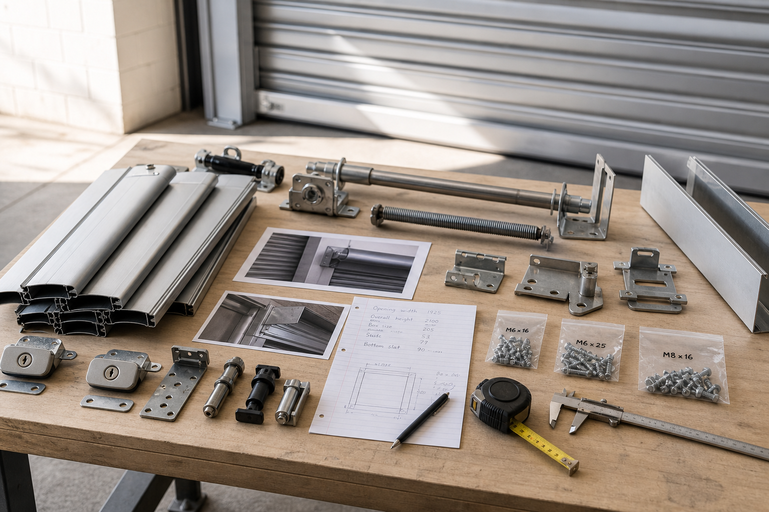 Assorted garage door components and tools arranged on a table in a workshop setting.