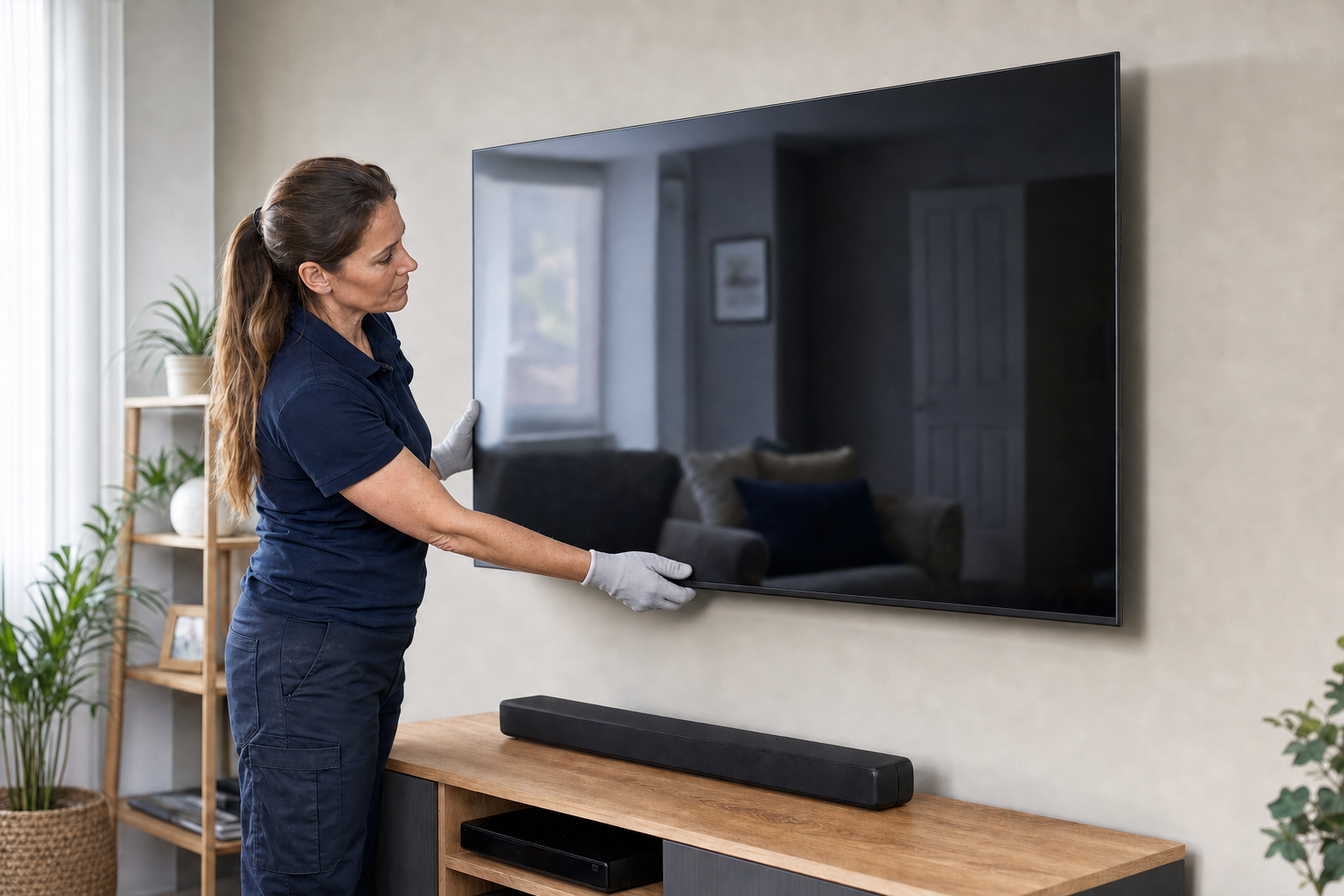 A woman wearing gloves adjusts a wall-mounted television in a modern living room.