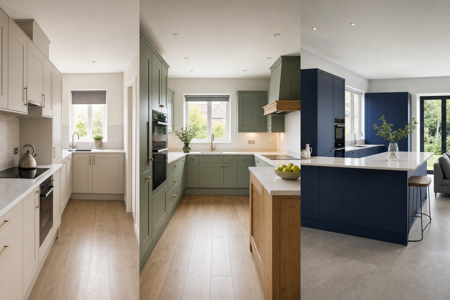 Three modern kitchens featuring different colour schemes and sleek cabinetry with bright natural lighting.