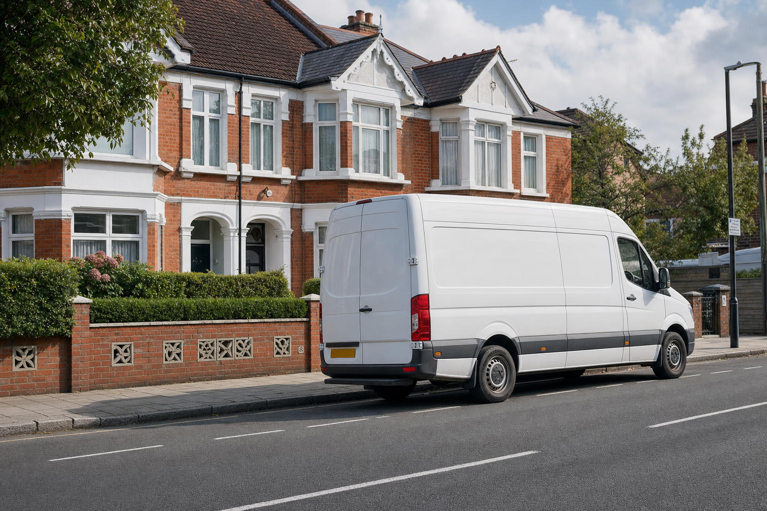 White delivery van parked on a residential street in front of a row of brick terraced houses.