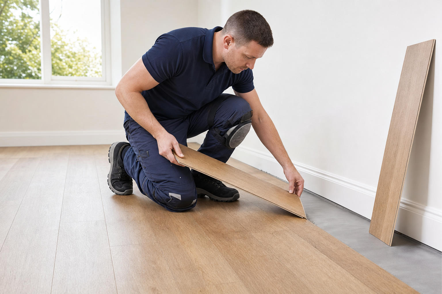 A man kneels while installing wooden flooring in a bright room.