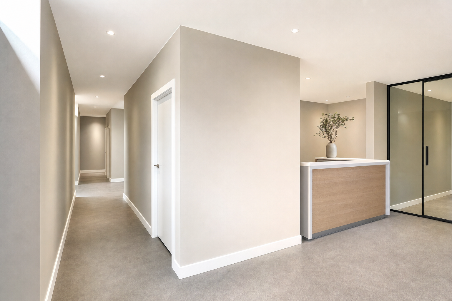 Modern corridor with beige walls, a wooden reception desk, and a glass door adorned with a vase of flowers.