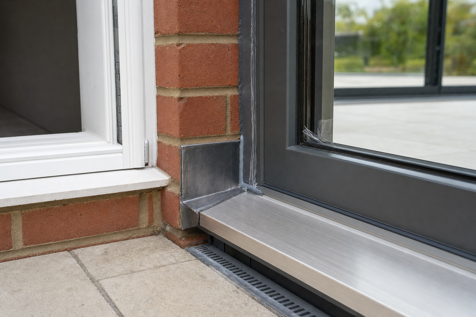 Close-up of a modern sliding door with metal threshold and brick wall detail.