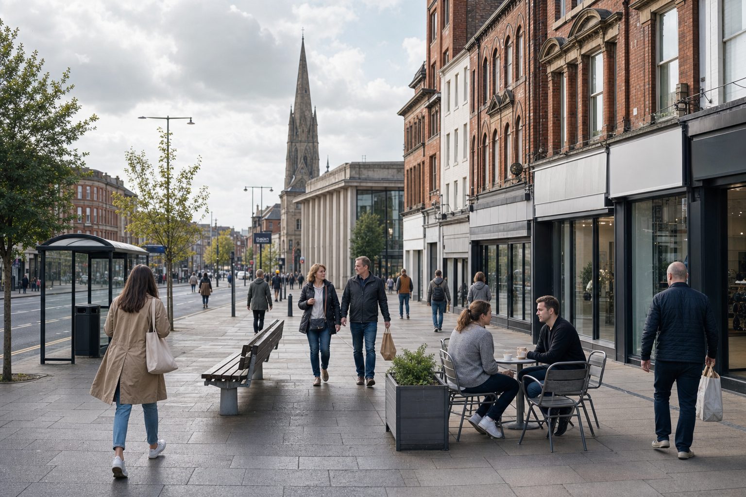People walking and sitting outdoors on a city street with historic buildings and a church spire in the background.