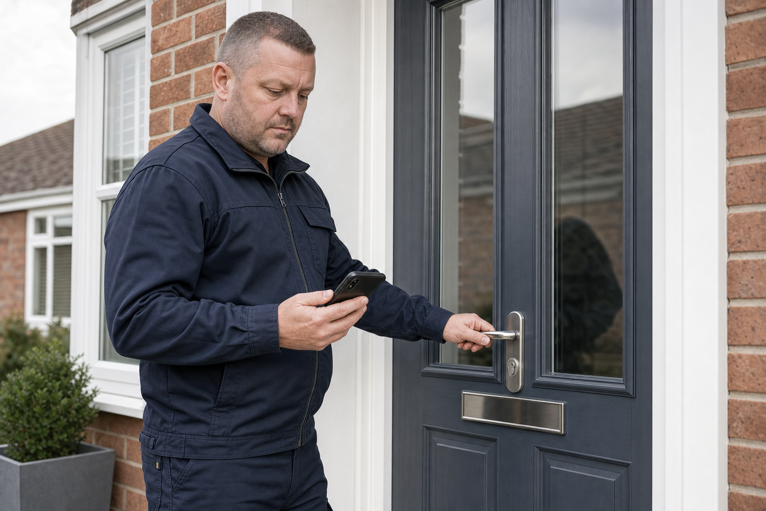 A man in a navy outfit checks his phone while holding a modern grey door handle outside a brick house.