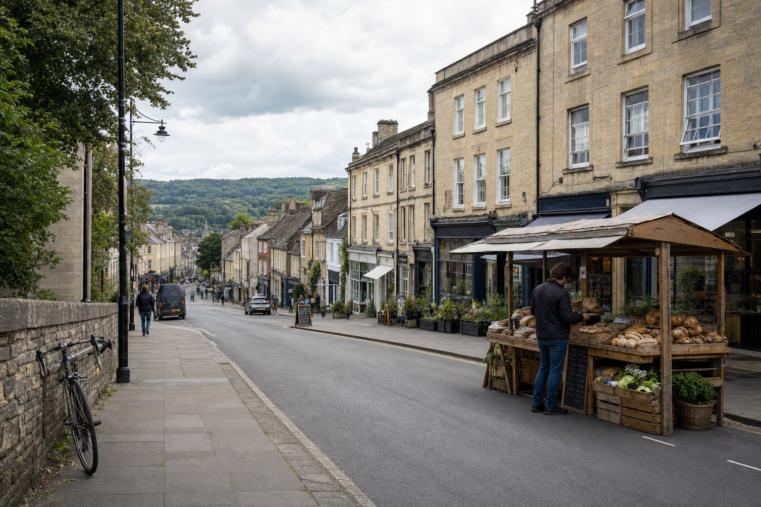 A man browses fresh produce at a market stall on a quaint street lined with historic buildings and greenery in a village.